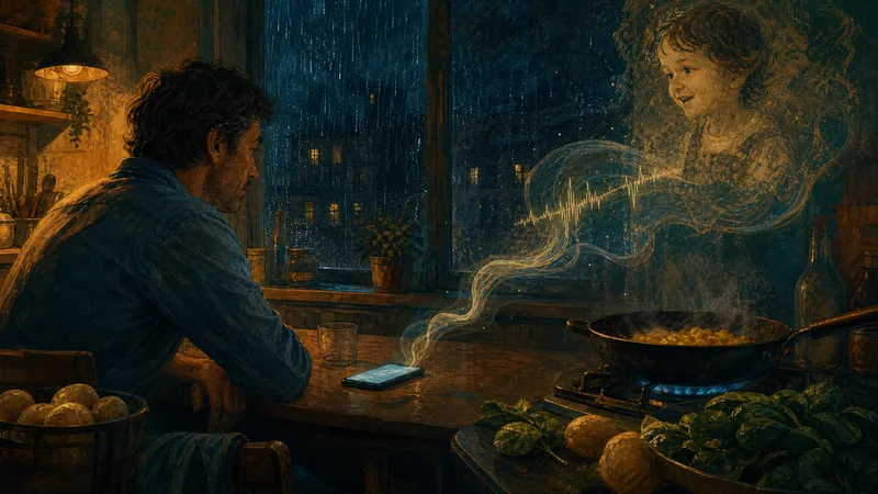 Illustration der Abendküche: Regen am Fenster, ein leuchtendes Telefon und ein Vater, der einer Nachricht seiner Tochter zuhört.
