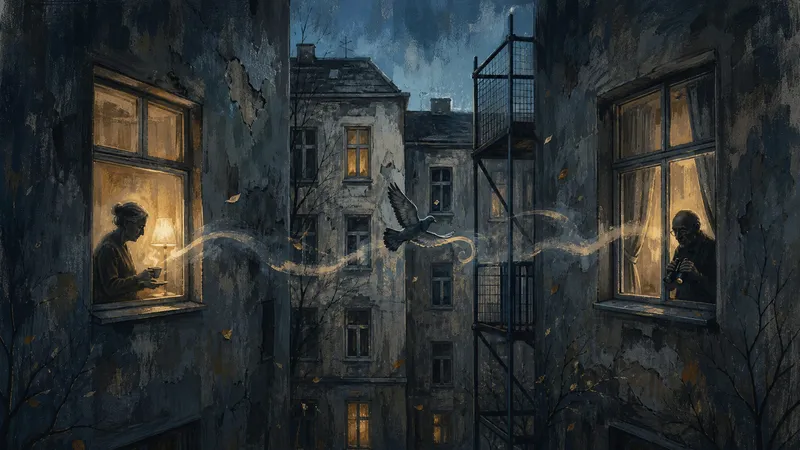 Ein enger Berliner Innenhof mit leeren Fenstern, Tauben und zwei warmen Lichtpunkten.